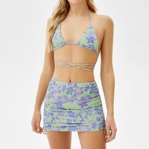 Bershka mix & match ruched side sarong in bold green floral print